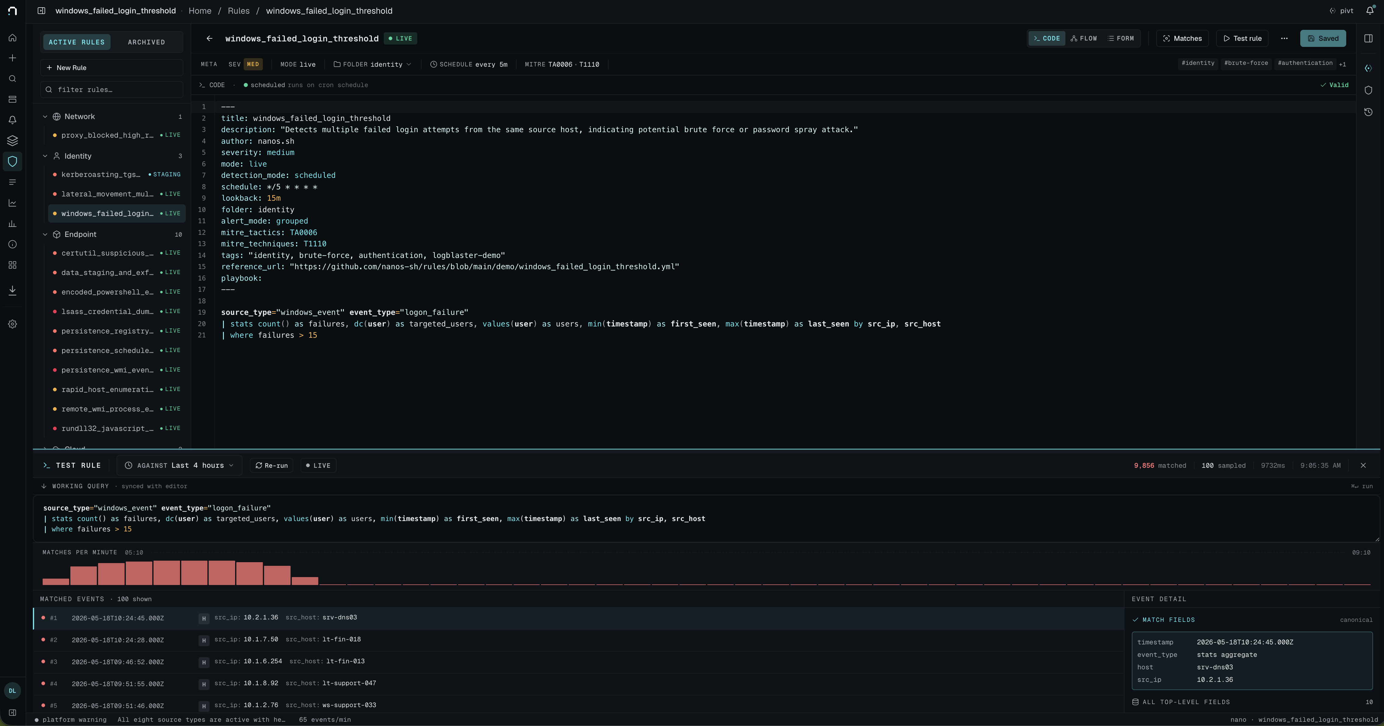 The rule editor with nPL source on the left and a live test-rule pane showing 9,856 matches.